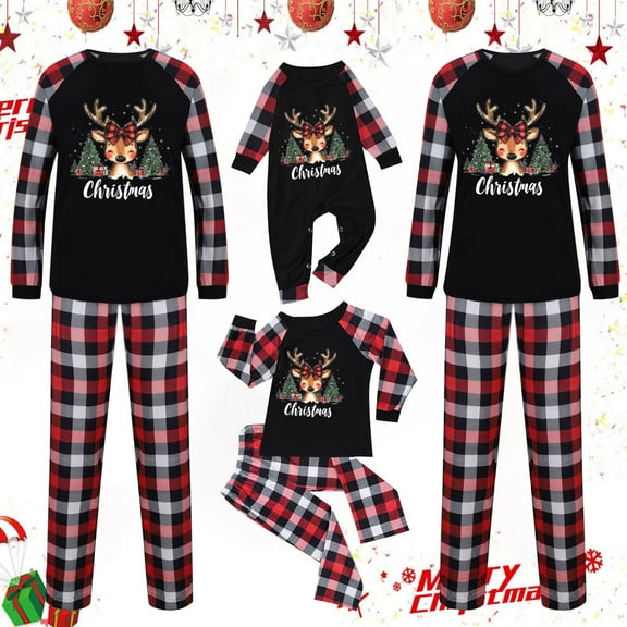 Odeerbi Christmas Pajamas for Family Holiday Plaid Long Sleeve Family Christmas Pajamas Matching Sets Toddler Print Parent-child Suit Two-Piece Sleepwear Xmas Family Matching PJs Set Black