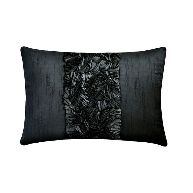 The HomeCentric Handmade Black 12"x18" (30x45 cm) Lumbar Pillow Covers, Art Silk Ribbon Embroidery Oblong Pillows For Couch, Solid Pattern Contemporary Style - Vintage Black Love