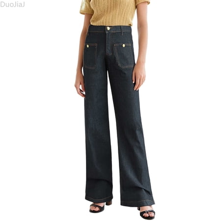 DuoJiaJ Women s New 2026 Loose Wide Leg Large Size Casual Washed Button Micro Horn Jeans Women s Casual Pants Women s Wide Leg Pants Blue XS