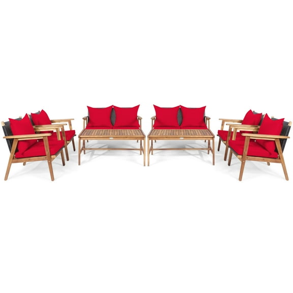 Patiojoy 8PCS Patio Rattan Furniture Set Wood Frame Cushioned Sofa with Coffee Table Sectional Conversation Sofa Set for Garden Red