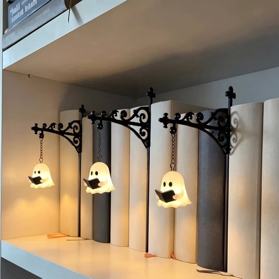 Ghost Night Light, 7.87" Spooky Cute Halloween Decorations Bookend Insert, Hanging LED Ghost Statue Book Separator Lamp for Library Shelf, Halloween Gift Ideal