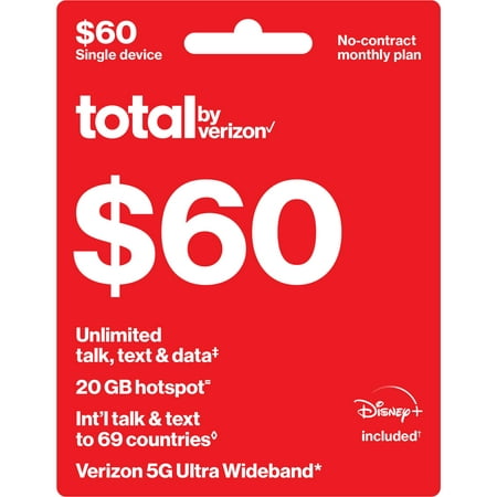 Total by Verizon $60 No-Contract Single-Device Unlimited Talk, Text & Data Plan + 20GB Hotspot Data + Int'l Calling & Disney+ Direct Top Up
