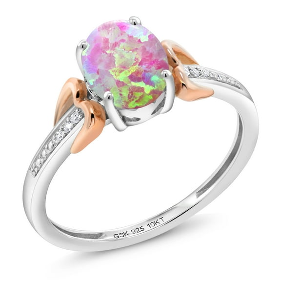 Gem Stone King Oval Cabochon Pink Simulated Opal 1.05 Ct 925 Silver With Diamond 10K Rose Gold Engagement Ring (Size 8)