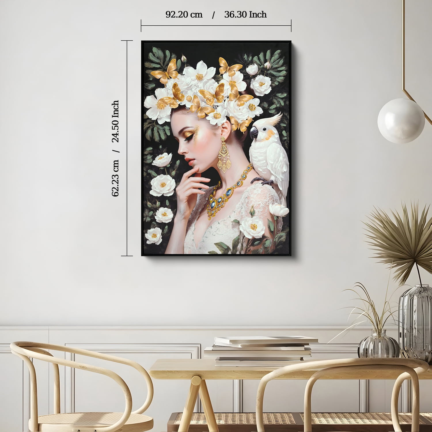 MOONMISS 24x36 Beauty Lady Gold White Floral Canvas Print Modern Wall Art Living Room Bedroom Decor