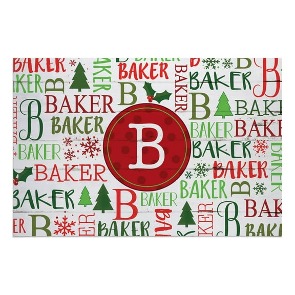 Personalized Planet 27x18 Holiday Family Name & Initial Christmas Doormat with Custom Personalization Printed on White Rectangular 1/8” Thick Non Slip Mat for Kitchen Hallway Deck or Porch