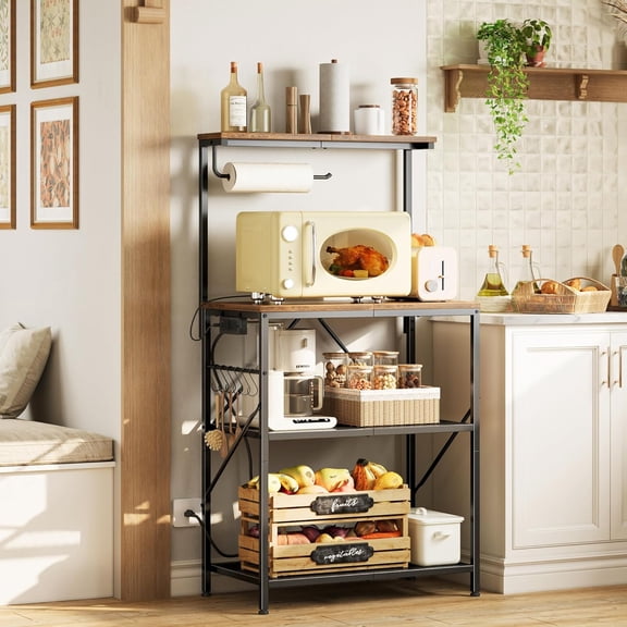4-Tier Bakers Rack with Reversible Power Outlet, 23.6 Inch Microwave Stand, Kitchen Coffee Bar, Rustic Brown