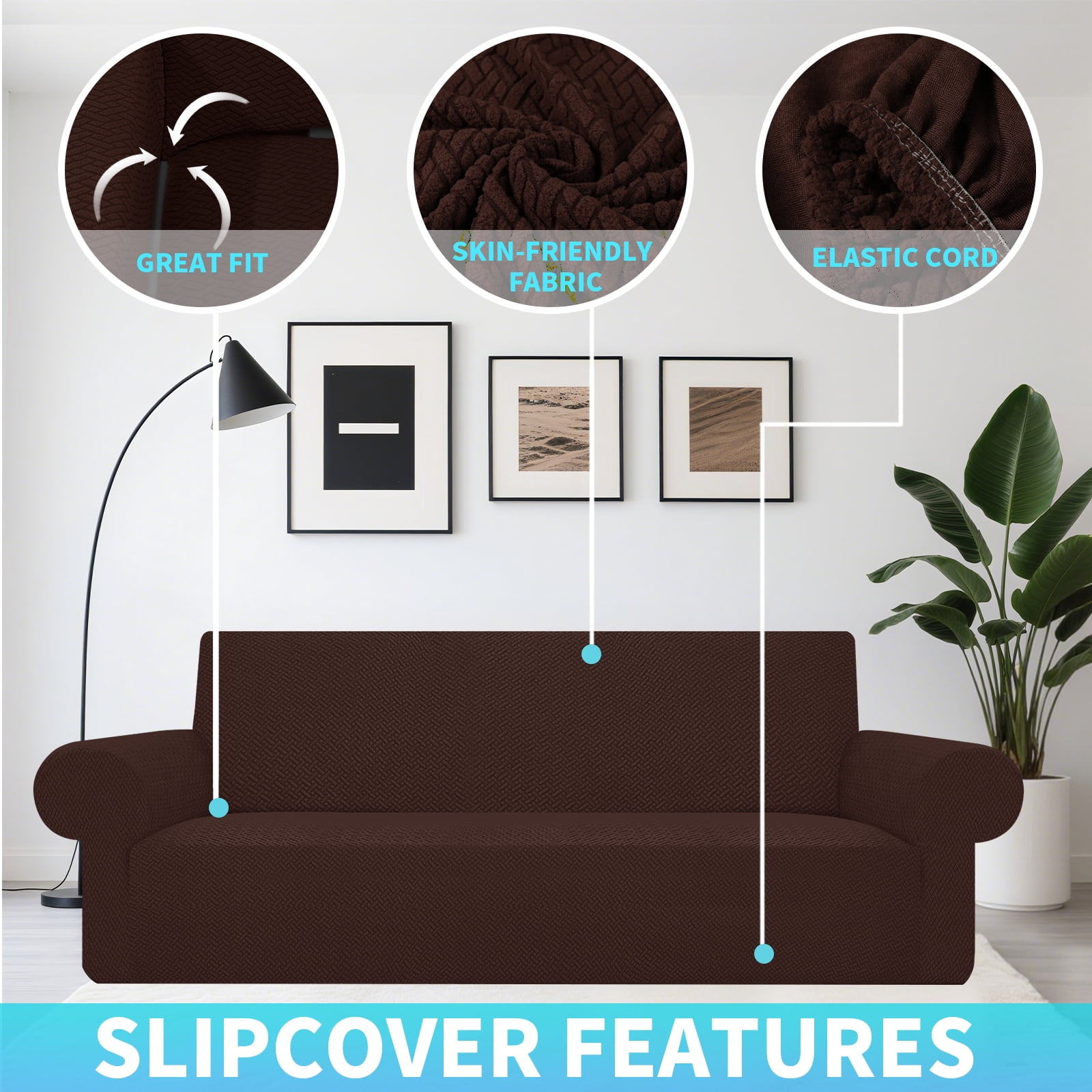 Stretch Sofa Cover Slipcover ，Couch Covers for 3 Cushion Couch Sofa pet Friendly (74.8"-90.6") Furniture Protector Sofa with Elastic Bottom for Kids,Dog, Jacquard Pattern, Brown