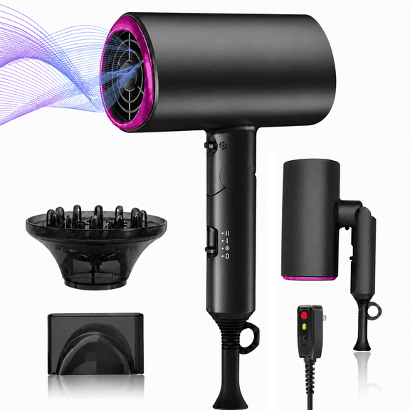 Icreopro Hair Dryer, Professional Ionic Blow Dryer with Foldable Handle, Fast Drying Blow Dryer with 2 Attachments, Black