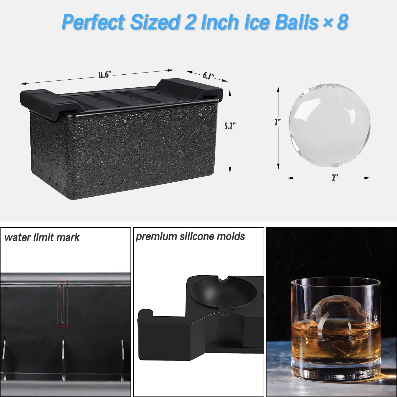 TINANA Crystal Clear Ice Maker, Silicone Ice Ball Tray, 2.5 Large Ice Cube  Mold, Sphere Ice Mold, Black