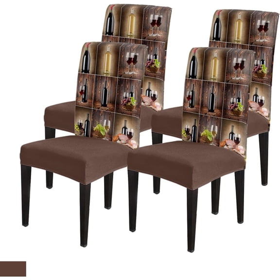 Dining Chair Slipcover, Wine Bottle Sticker Red Wine Glass Grape Farm Rustic Old Wooden Stretch Kitchen Chair Covers Removable Parsons Chair Protector Covers for Dining Room Banquet Party, Set of 4