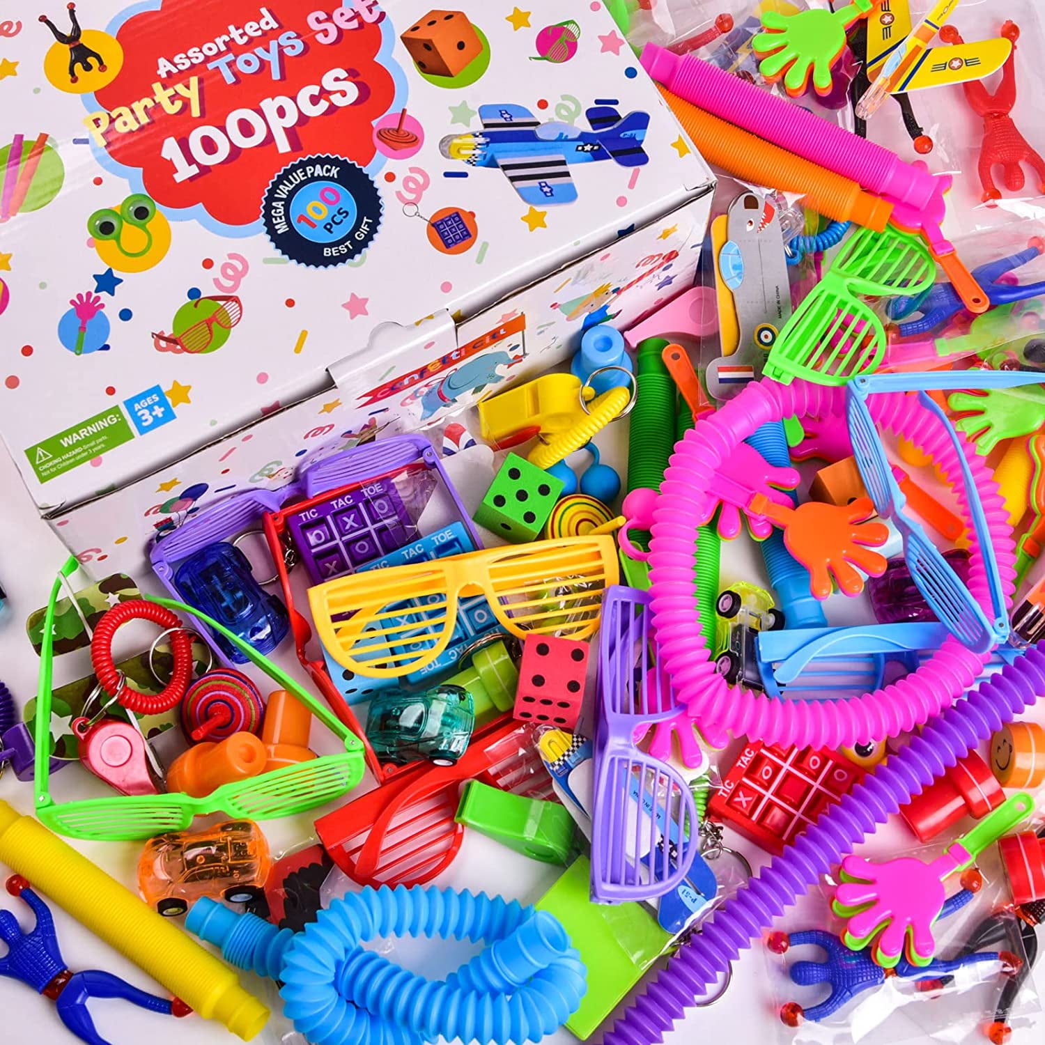 Fun Little Toys 100PCs Assorted Party Toys Set, Treasure Box Toys