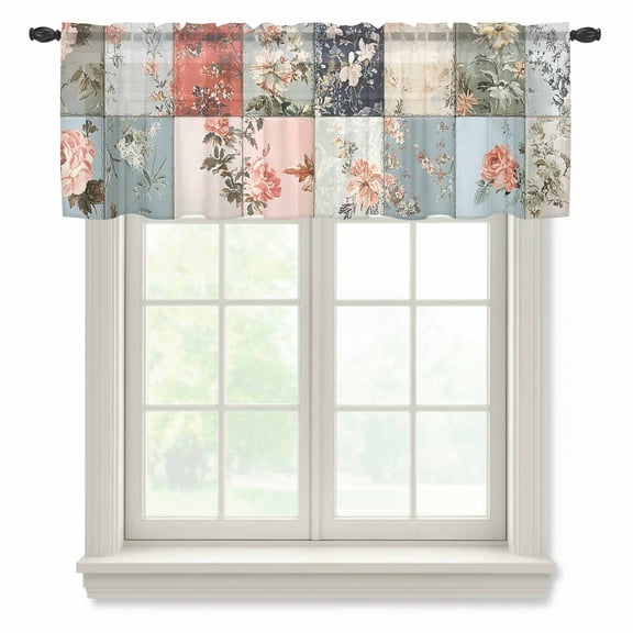 Spring Floral Sheer Curtains Valances for Windows Elegant Summer Botanical Farmhouse Plaid Chiffon Kitchen Valances for Cafe, Voile Window Treatments Curtains for Living Room Bedroom, 54"x18"