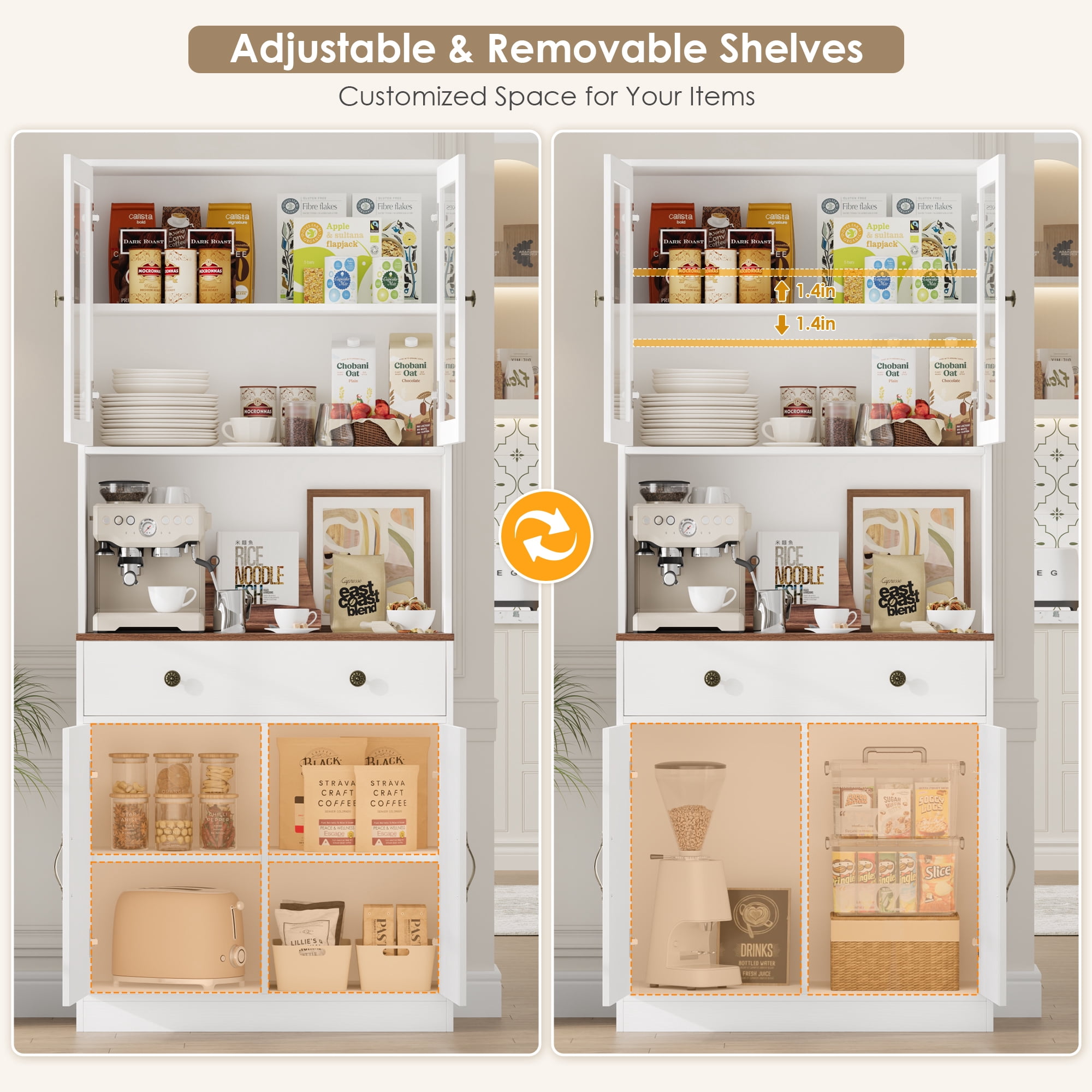 Homfa 71'' Kitchen Pantry Cabinet with Microwave Shelf & Drawer, 4 Doors Pantry Storage Cabinet with Adjustable Shelves for Dining Room, White