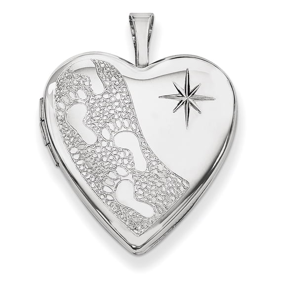 Sterling Silver Rhodium-Plated 20mm D/C Footprints Heart Locket (25 X 19.55) Made In Hong Kong qls379