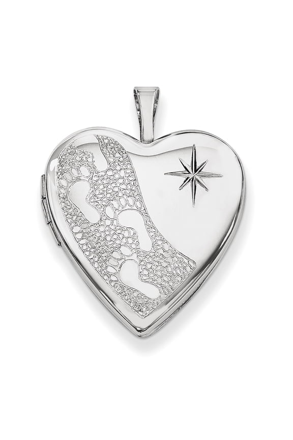 Sterling Silver Rhodium-Plated 20mm D/C Footprints Heart Locket (25 X 19.55) Made In Hong Kong qls379