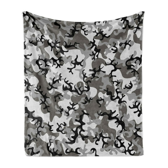 Camo Soft Flannel Fleece Throw Blanket, Camouflage Concept Concealment Artifice Hiding Force Uniform Pattern Fashion, Cozy Plush for Indoor and Outdoor Use, 50" x 70", Black Grey Grey, by Ambesonne