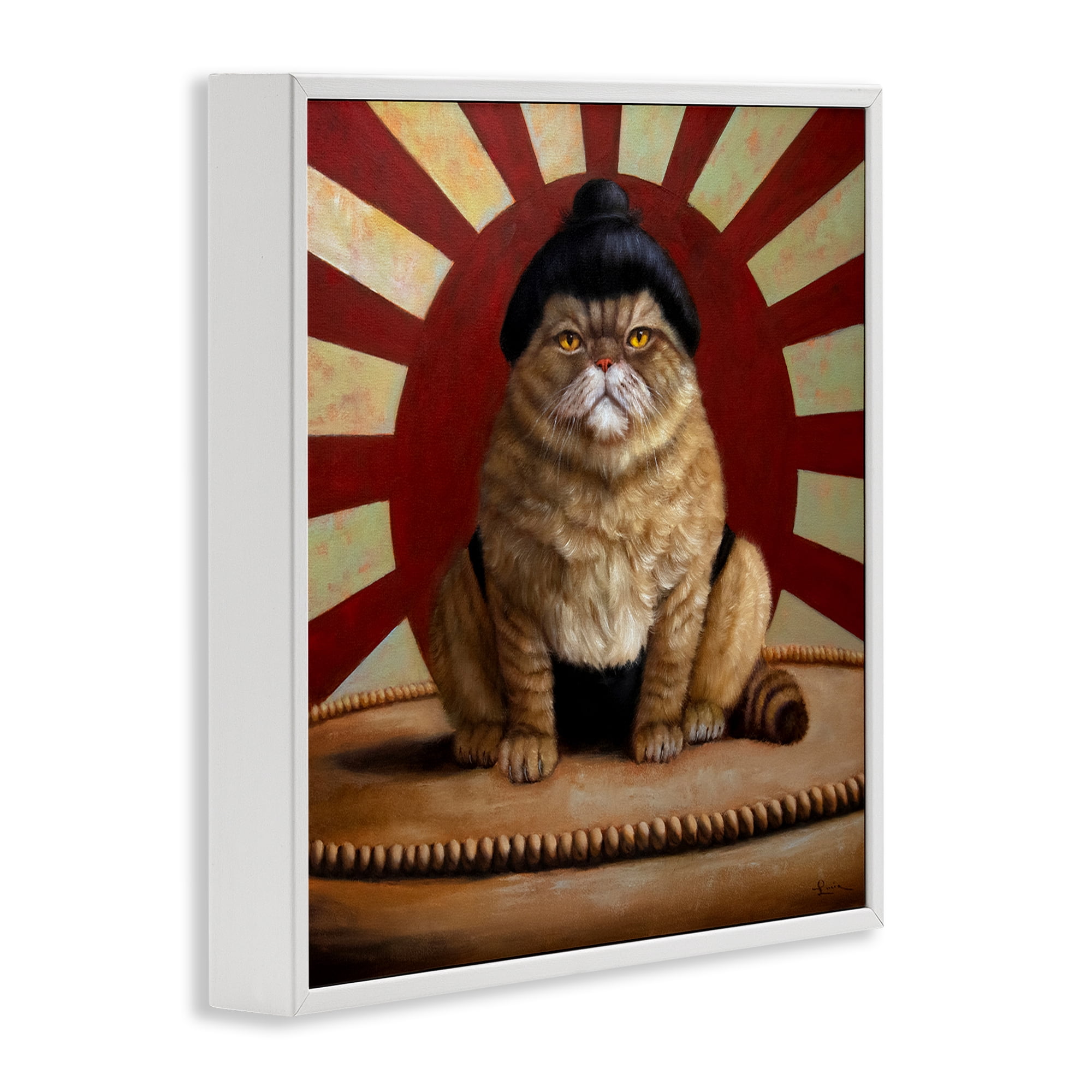 Stupell Industries Sumo Cat with Sun Rays White Framed Giclee Art, design by Lucia Heffernan