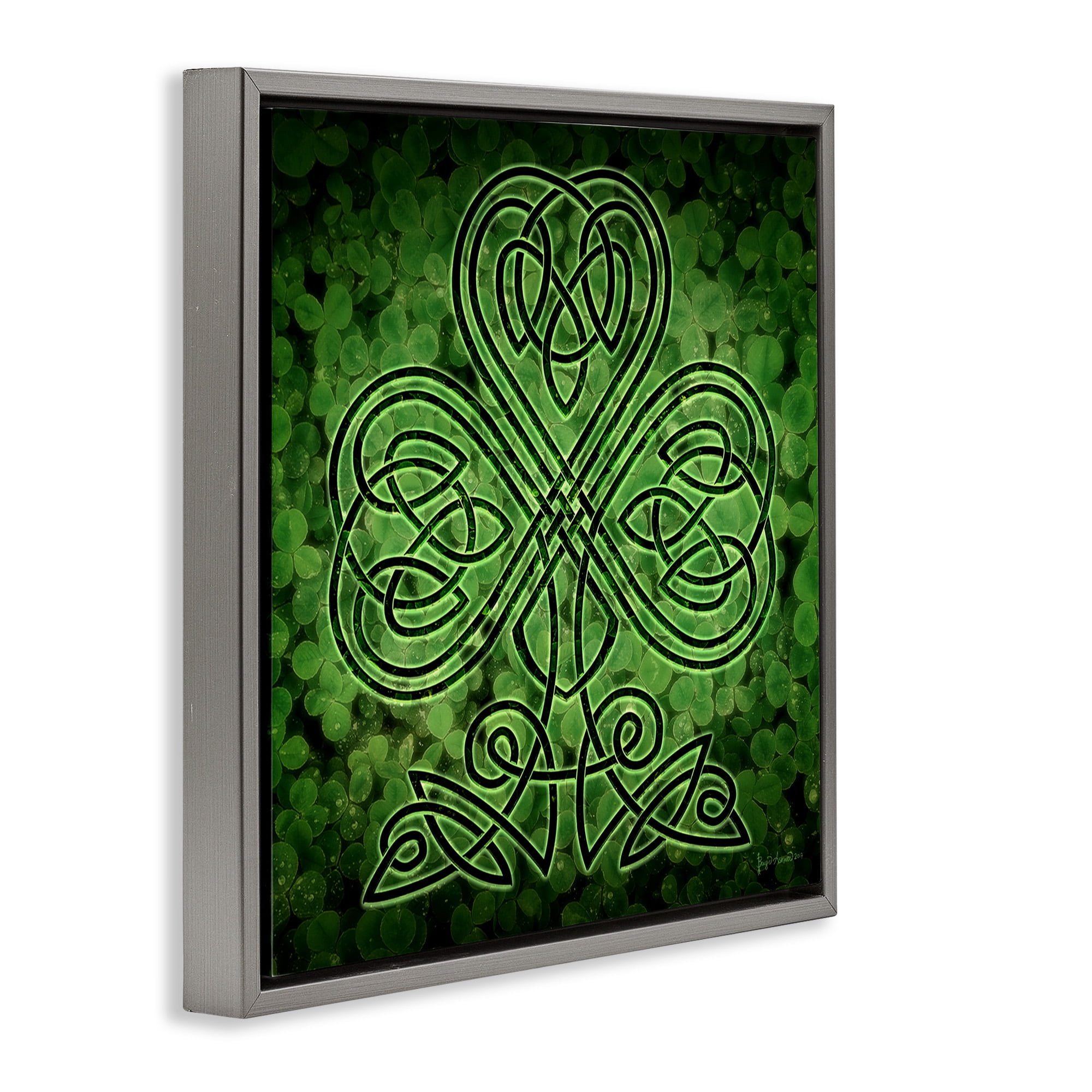 Stupell Industries Green Celtic Shamrock Knot Abstract Painting Gray Floater Framed Canvas Art Print Wall Art, 18 x 18