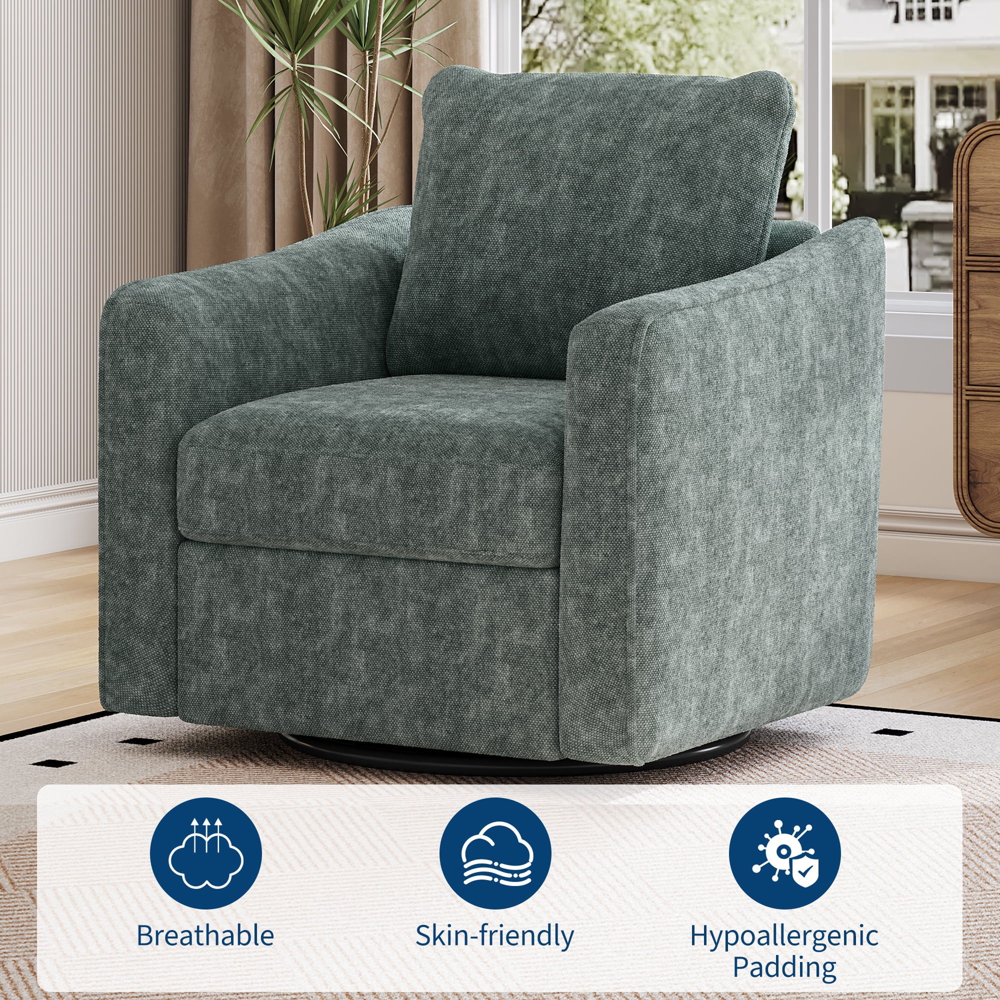 Swivel Rocker Recliner Chair, Glider Rocker Recliner, Rocking Chair Nursery, Fabric Chair with High Back, Deep Seat, for Living Room, Bedroom, Green