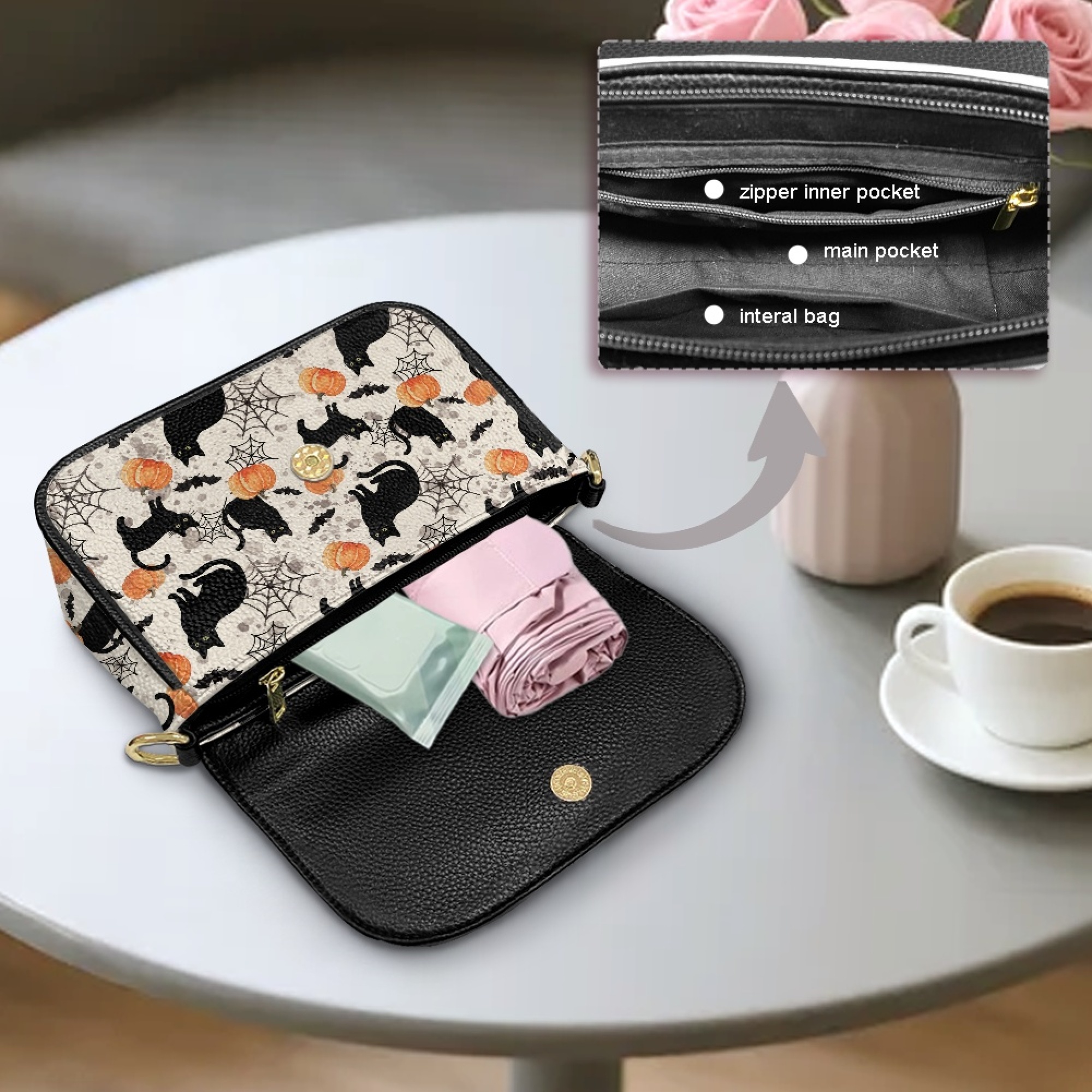 TSOVTHRID PU Leather Crossbody Bags for Women, Crossbody Purse with Adjustable Strap Zipped Pockets, Halloween Handbag Shoulder Bag, Black Cat Pumpkin Cobweb Bat Print