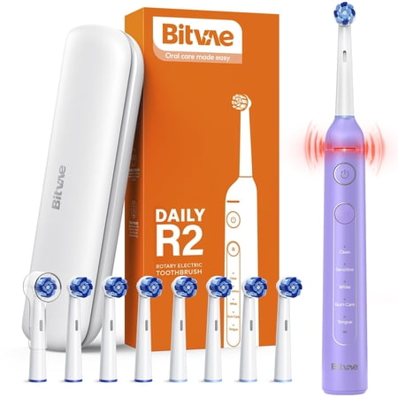Bitvae R2 Rotating Electric Toothbrush for Adults with 8 Brush Heads, 5 Modes Rechargeable Power Toothbrush with Pressure Sensor, Purple