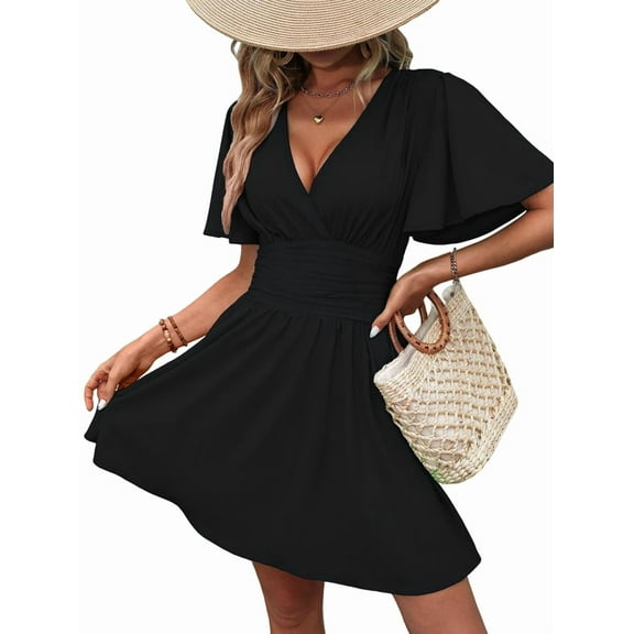 Women V Neck Mini Dress Summer Ruffle Sleeves A Line Elastic High Waist Flowy Swing Dresses Black XL