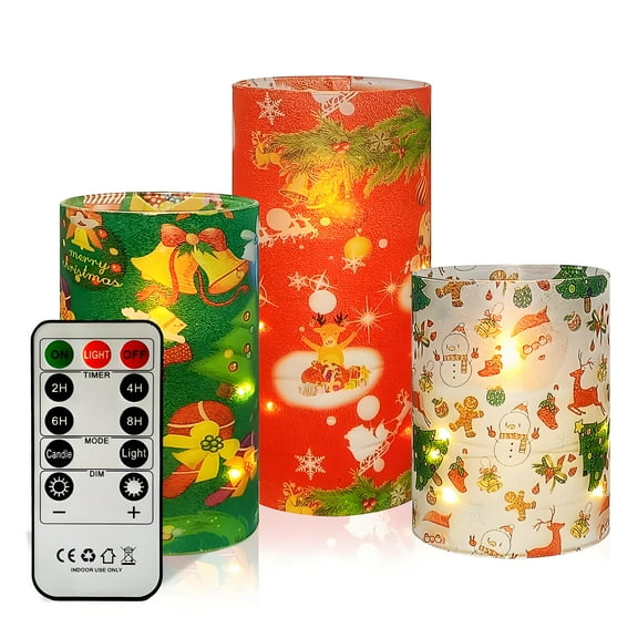 Flameless Candles with String Lights LED Candle Battery Operated Candles with Remote Control,Printed Pillar LED Candles for Wedding Holiday Table Home Decorations,Set of 3