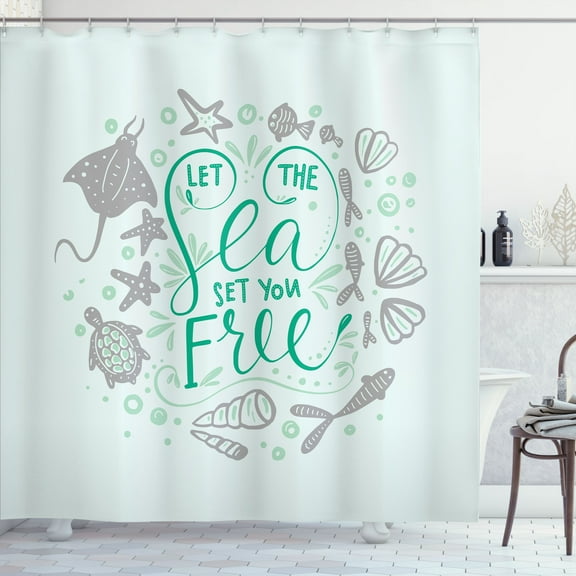 Ambesonne Nautical Shower Curtain, Letterings Shellfish Print, 69"Wx84"L, Dark Seafoam