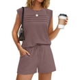 thumbnail image 4 of Lounge Sets Women 2 Piece Summer Outfits Casual Pleated Sleeveless Tank Top Shorts Set Plain Going Out Clothes Brown, L, 4 of 7