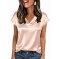 thumbnail image 3 of Women Silk Satin Tops Cap Short Sleeve Blouse V Neck Shirts Business Casual Outfits Champagne Color XXL, 3 of 7