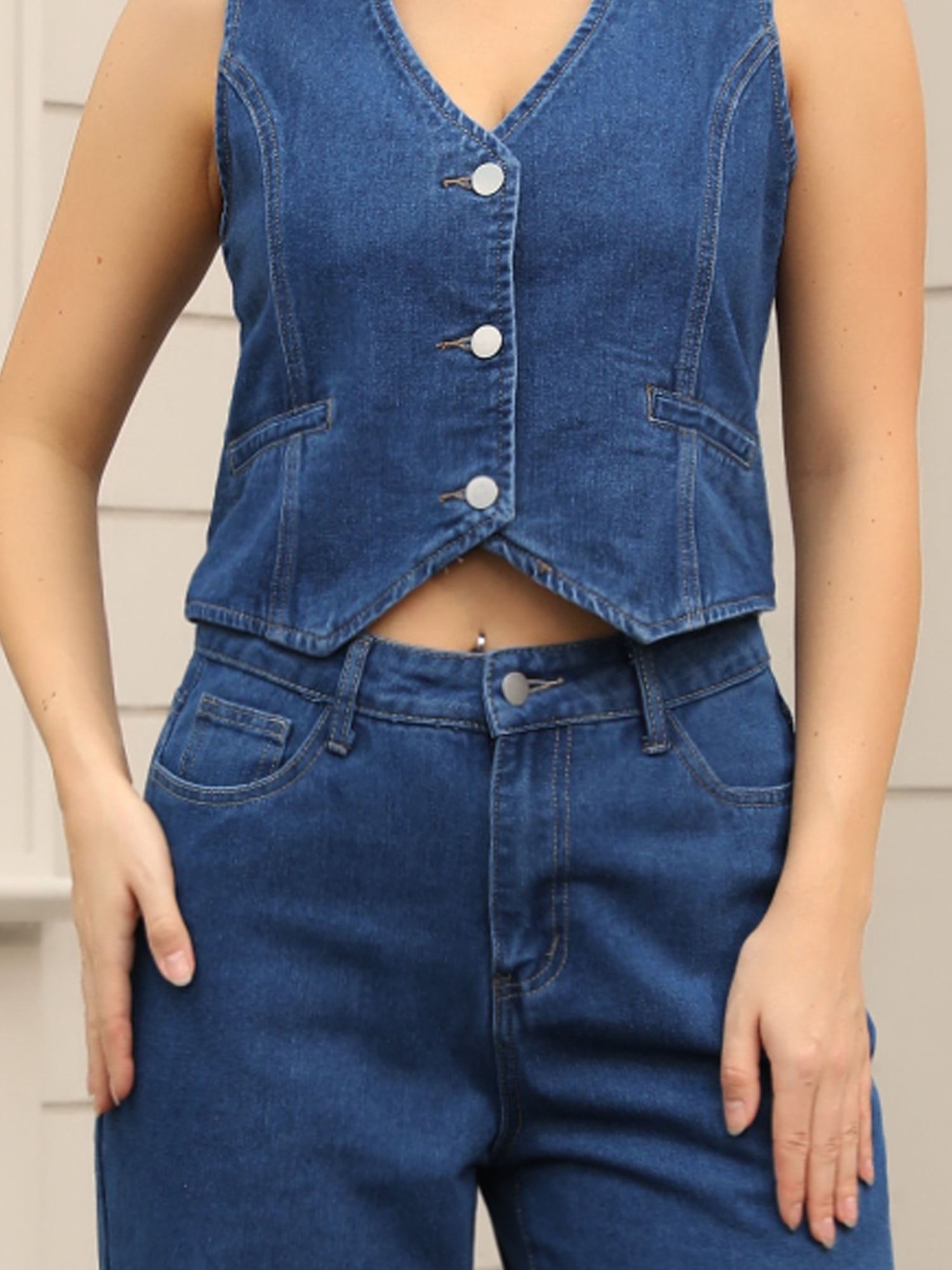 DARING DIVA Women's Denim Set 2 Pieces Outfits Matching Wide Leg Jeans L Dark Blue