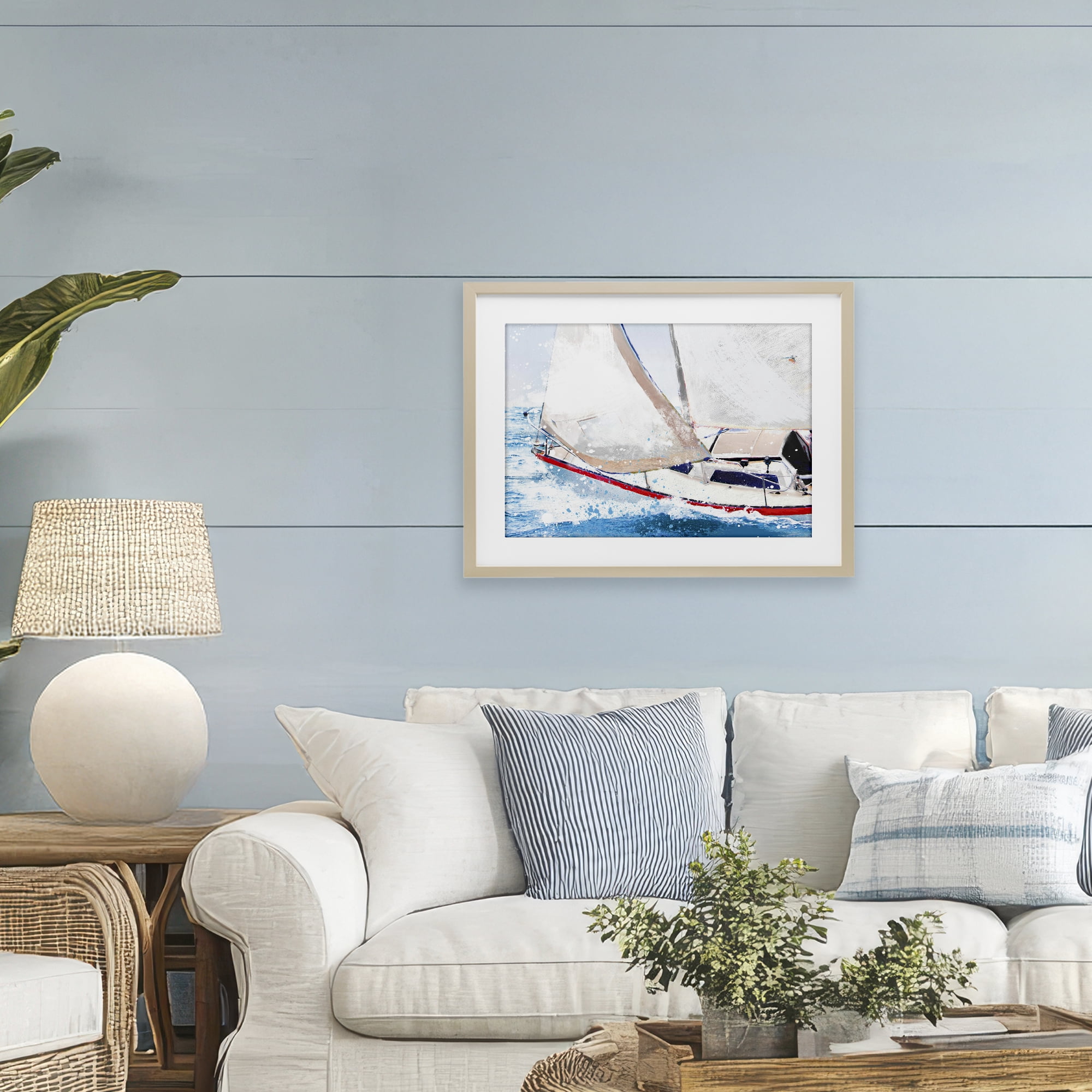 Stupell Industries Sailboat Racing Through Blue Waves Birch Framed Print Under Glass, design by Porter Hastings