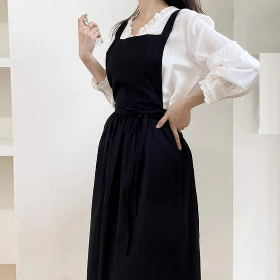 Waterdrop Women Cotton Linen Cross Back Apron with Pockets for Gardening Works Pinafore Dress