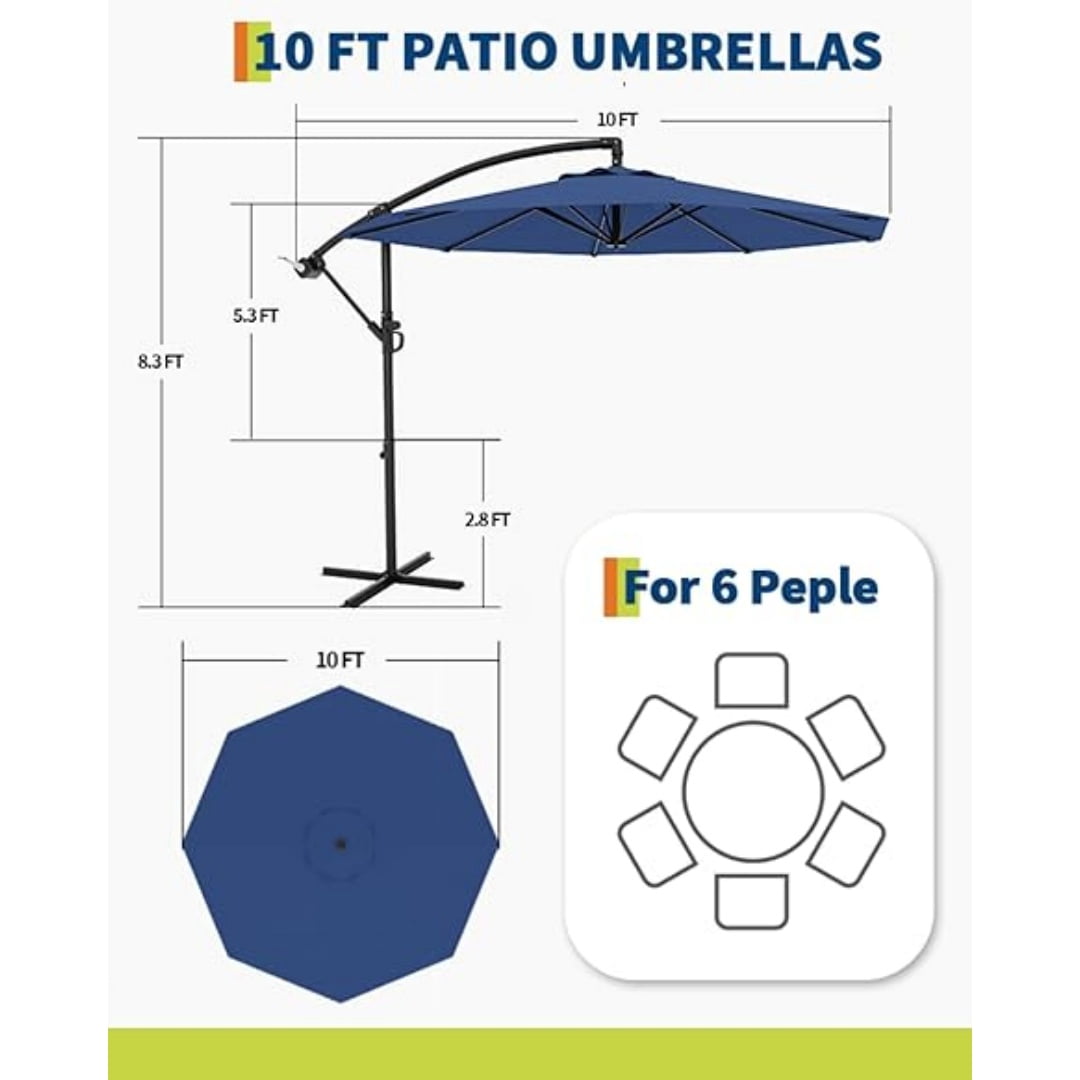 10FT Cantilever Patio Umbrella with Heavy-Duty Cross Base, Outdoor Offset Market Umbrella with Infinite Tilt & Easy Crank Lift – Waterproof, UV-Resistant, Wind-Resistant, Sturdy Aluminum Pole