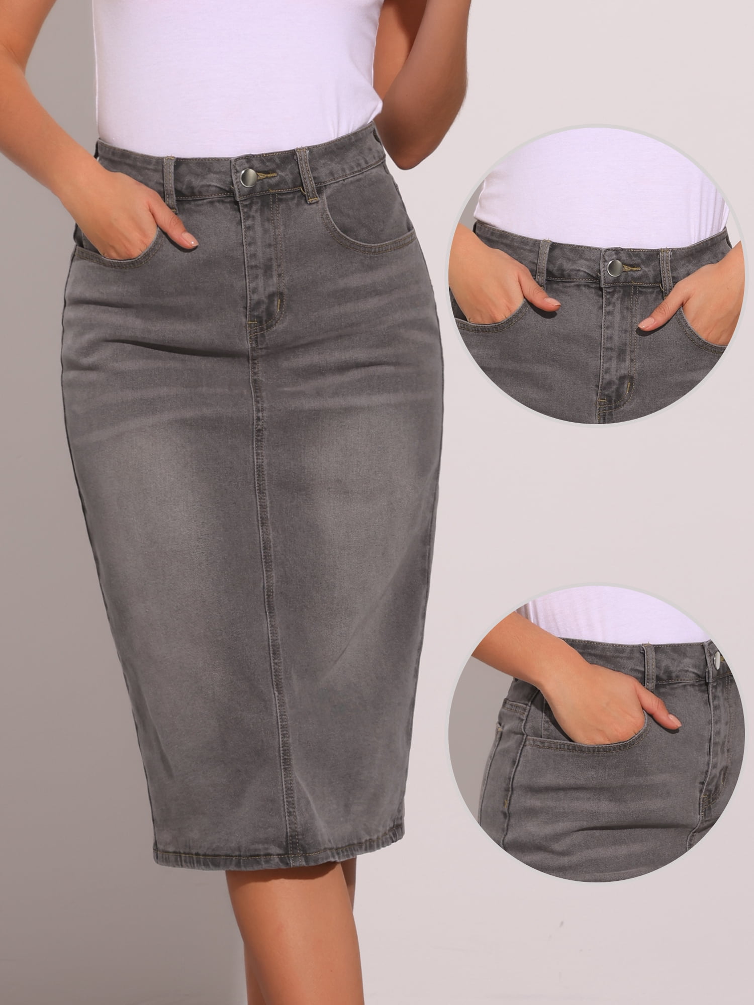 DARING DIVA Women's Denim Split Back Pockets Midi Jean Skirts S Grey