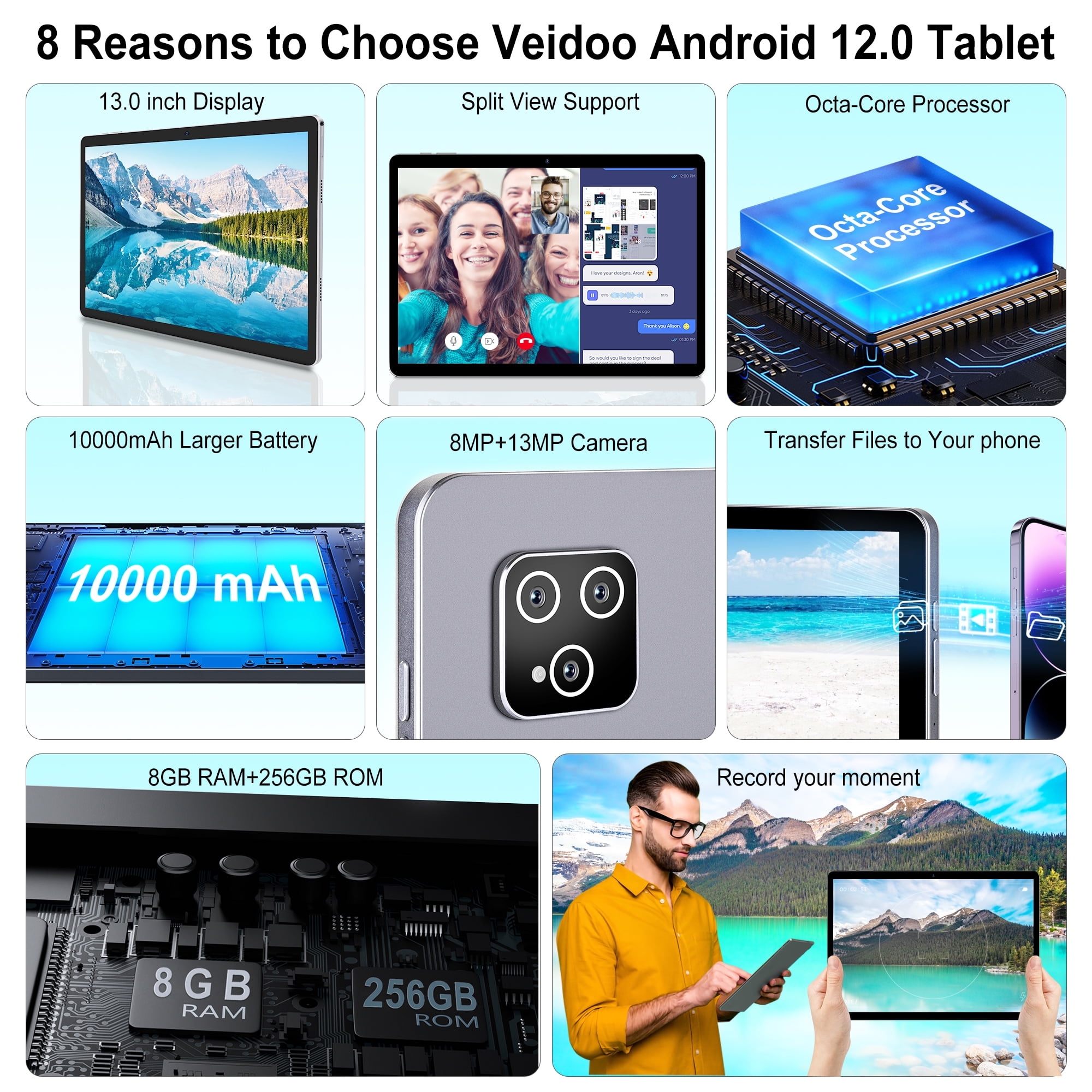 Veidoo 13 Inch Android Tablet, 2K 2160x1440 FHD Screen