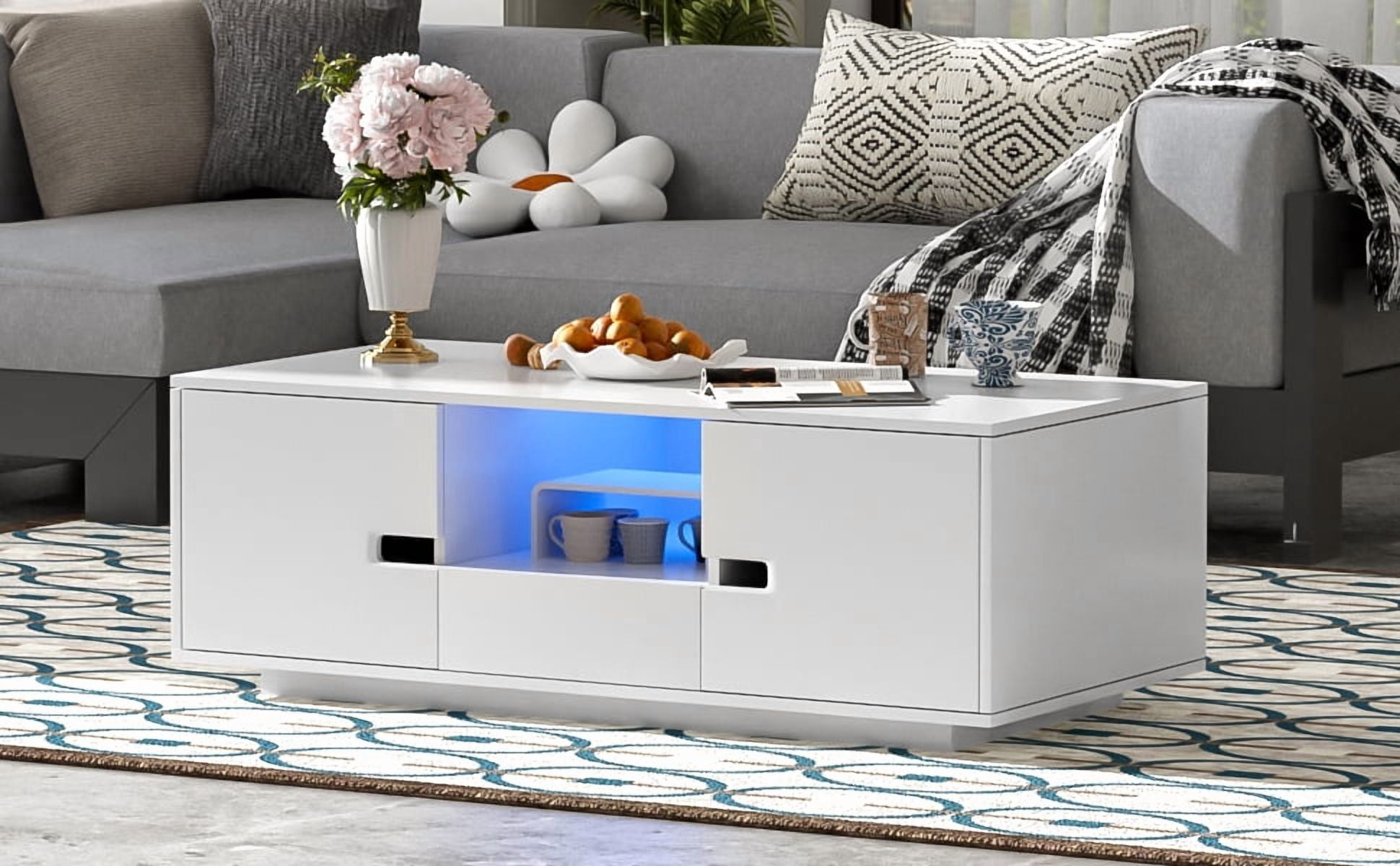 Euroco Modern High Gloss Coffee Table with LED Lights, 16 Colors & Remote Control, Storage Drawer and Cabinets, MDF Living Room Center Table with Shelves, 47.2''W x 23.6''D x 15.7''H