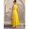 thumbnail image 2 of Women Round Neck Cap Sleeve Ruched Waist A-Line Midi Dress Solid Color for Party Vacation, 2 of 7