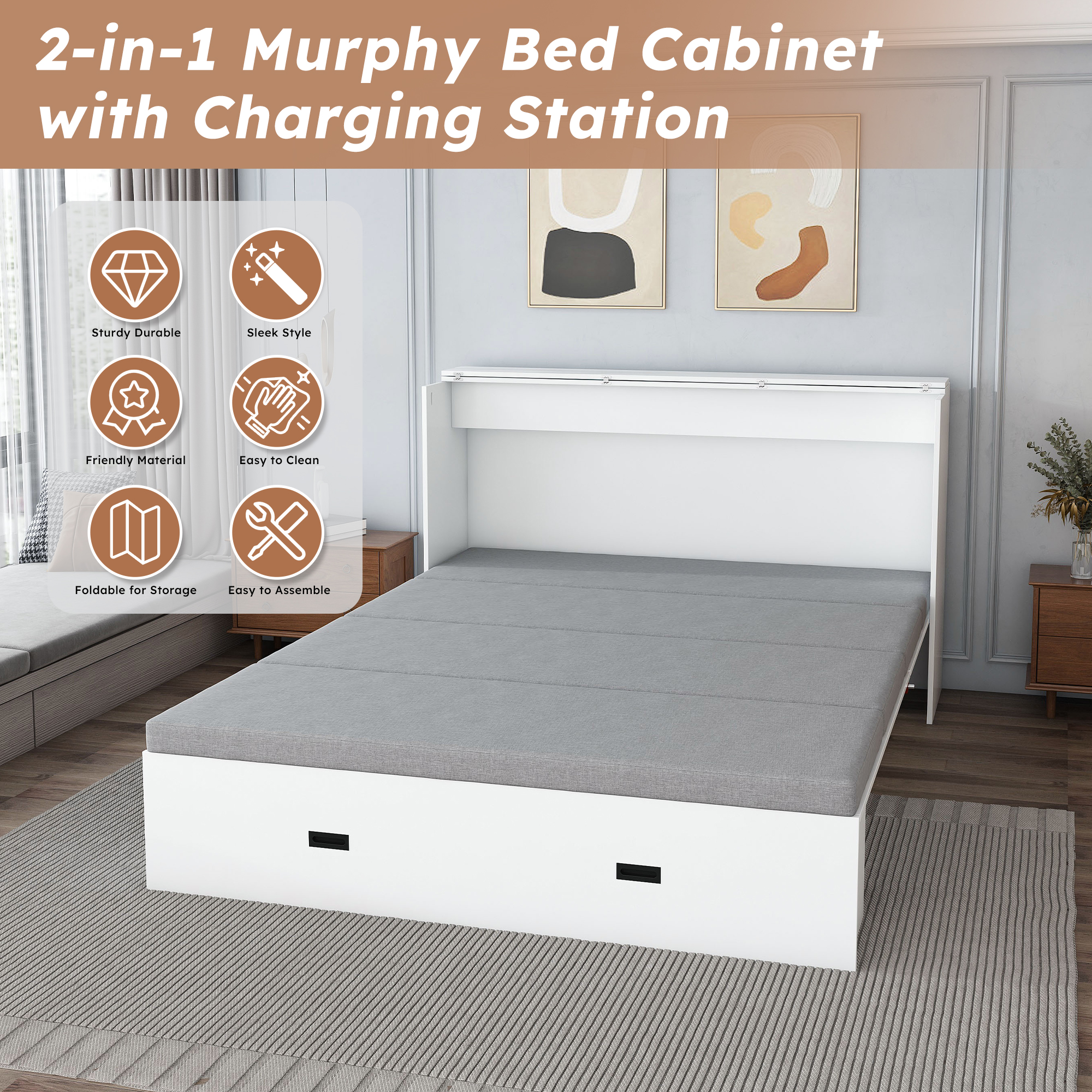 Yoneston Full Size Murphy Bed with Mattress & Charging Station, Cabinet Bed with Storage Drawers for Bedroom Guest Room Living Room, White