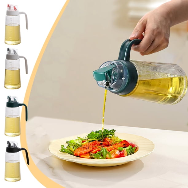 Botella Dispensadora de Aceite de Oliva | Botella de Vidrio Hermética de 630 Ml con Tapón Automático y Asa Antideslizante | Boquilla Antigoteo para Cocina, Vinagre y Almíbar | Rojo, Gris y Verde
