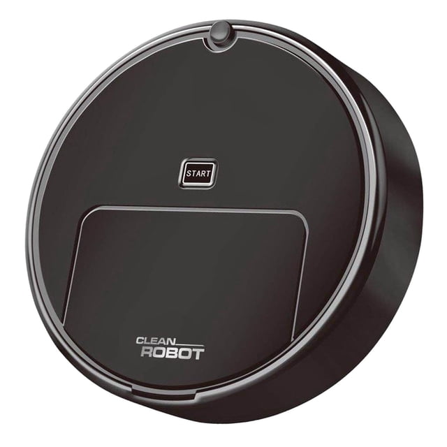 robot aspirador gloria aspirador de piso pelo de mascotas y limpieza diaria Aspiradora robótica negra, vista cenital centrada; carcasa circular de ABS de 25 cm x 25 cm x 5.5 cm con aro plateado, botón cuadrado "START" arriba y tapa rectangular con texto "CLEAN ROBOT", perfil delgado; diseñada para barrer y trapear polvo, cabello y residuos pequeños en pisos duros y alfombras; a menudo usada también para mantenimiento rápido en áreas de paso.
