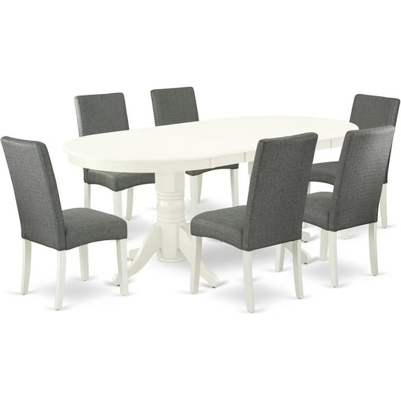 HomeStock 7 Piece Kitchen Table & Chairs Set Consist of an Oval Dining Table with Leaf and 6 Gray Linen Fabric Upholstered Chairs, 40x76 Inch, Linen White