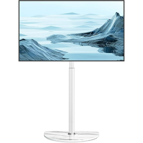 TAVR Furniture TV Floor Stand Mid-Century Modern Corner Mount Swivel, Height Adjustable, for 32-65 inch TVs, Semi-Circular Glass Base, White