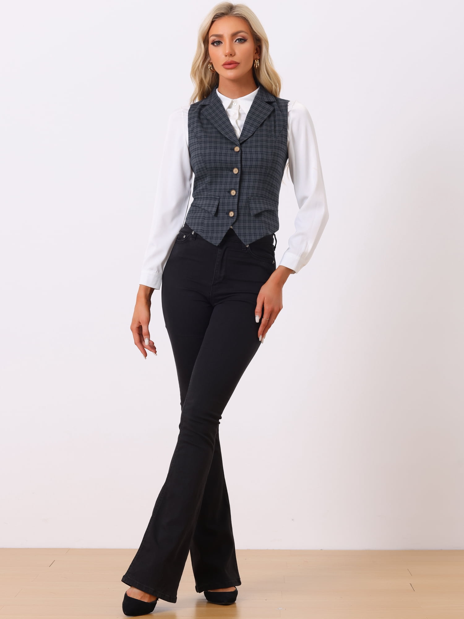 DARING DIVA Women's Plaid Waistcoat Notched Lapel Collar Vintage Vest S Grey Blue