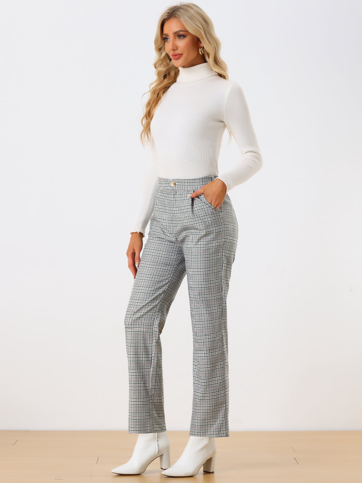 DARING DIVA Women's Plaid Trousers Pockets Straight Leg Casual Pant XS Black Gray
