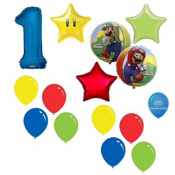 Mario Brothers Mario Luigi #1 1st 15 Piece Power Star Happy Birthday Decorations Balloons Set