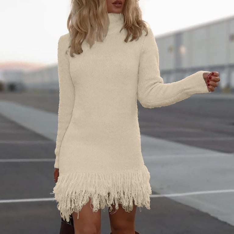 Hassda Women's 2025 Turtleneck Sweater Dress, Long Sleeve Ribbed Knit Pullover Dress with Fringe Tassel, Casual Fall Winter Short Dress for Going Out,