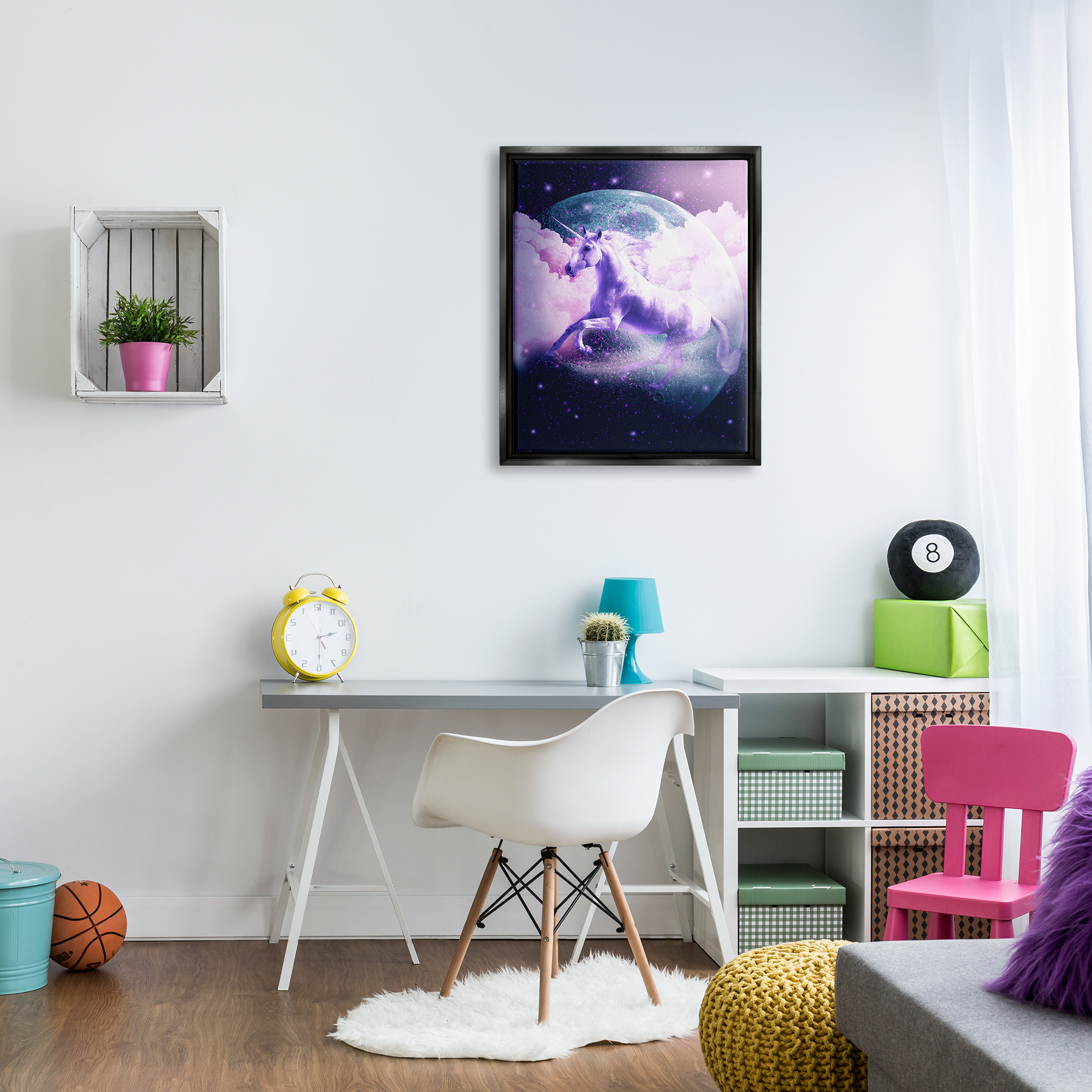 Stupell Industries Unicorn in Outer Space Fairy Tales & Fantasy Painting Black Floater Framed Canvas Art Print Wall Art, 25 x 31