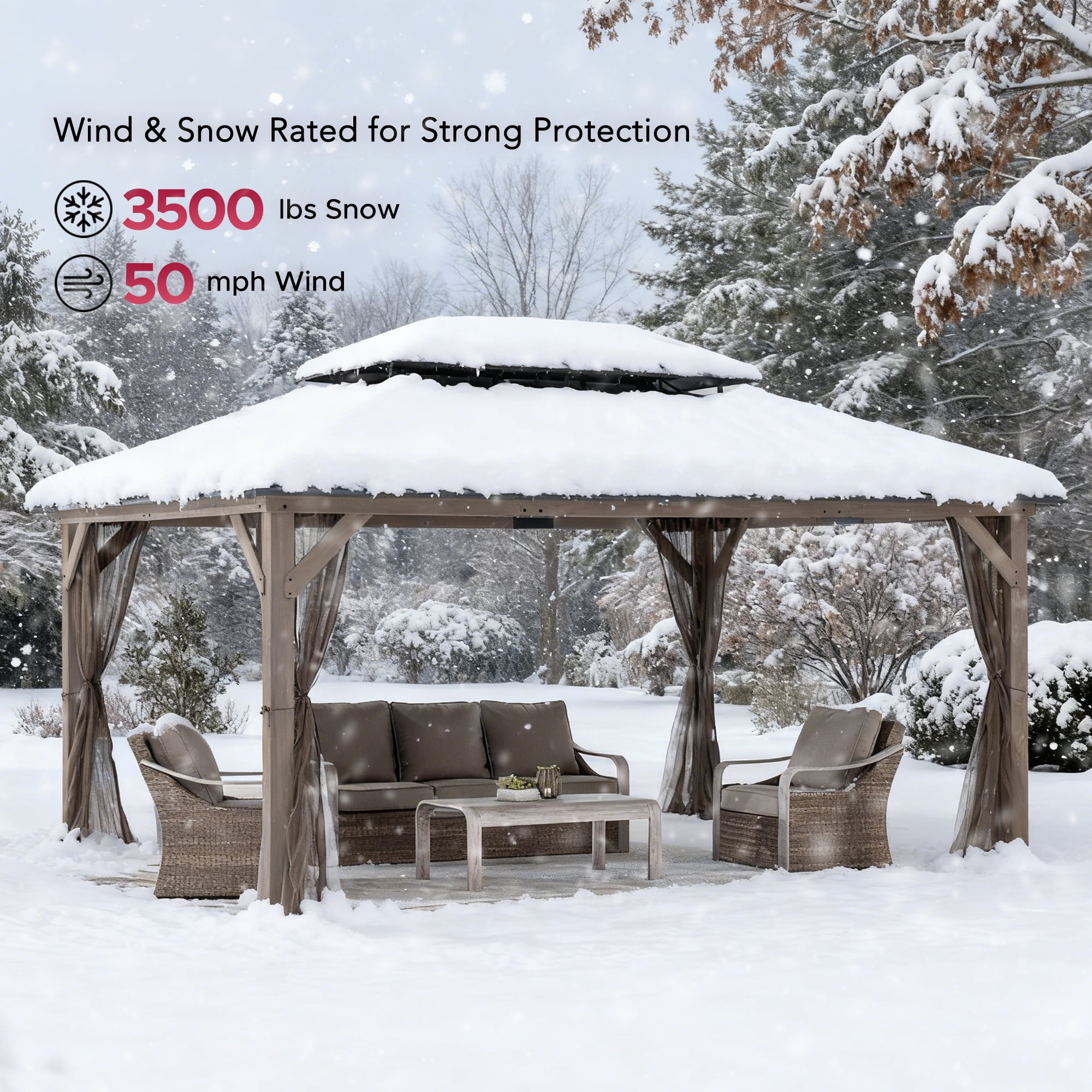 Sunjoy 12x16 Outdoor Cedar Wood Gazebo with Galvanized Steel Roof, Mosquito Netting