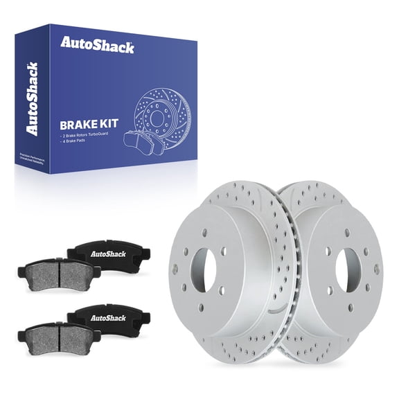 AutoShack Rear Vented Drilled & Slotted Coated Brake Rotors Silver Matte Finish   Ceramic Pads 6-PC Brake Kit Replacement for 2005-2025 Nissan Frontier 2005 Nissan Xterra TurboGuard 11.25" (285.8 mm)